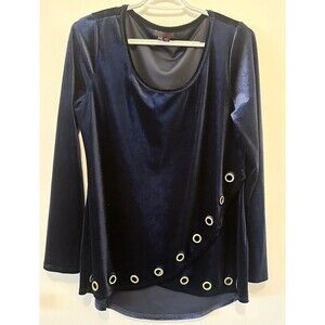 Fontana Women Blouse Size M Blue Velvet Long Sleeves Casual Wear Gold Grommets